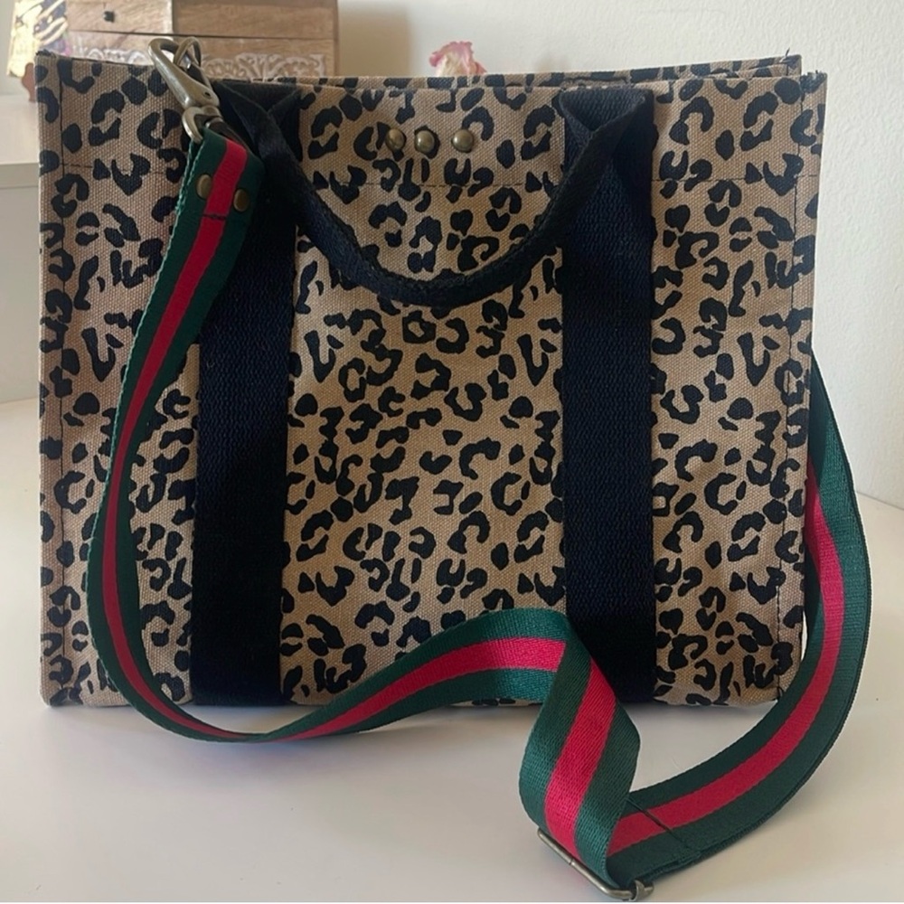 Leopard Print Tote with Black and Green Straps